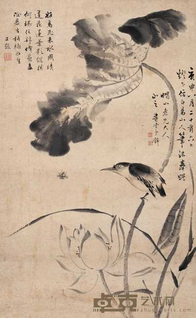 潘锦 1860年作 荷花翠鸟 立轴 45×28cm